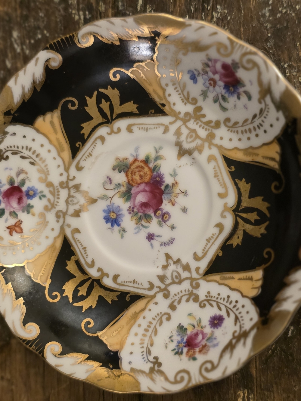 Ardalt Japan 6480 Floral Porcelain Saucer, Black & Gold Glossy Round